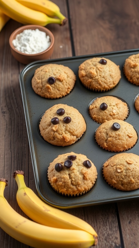 Freshly baked oat flour banana muffins on a wooden table with bananas and oat flour.